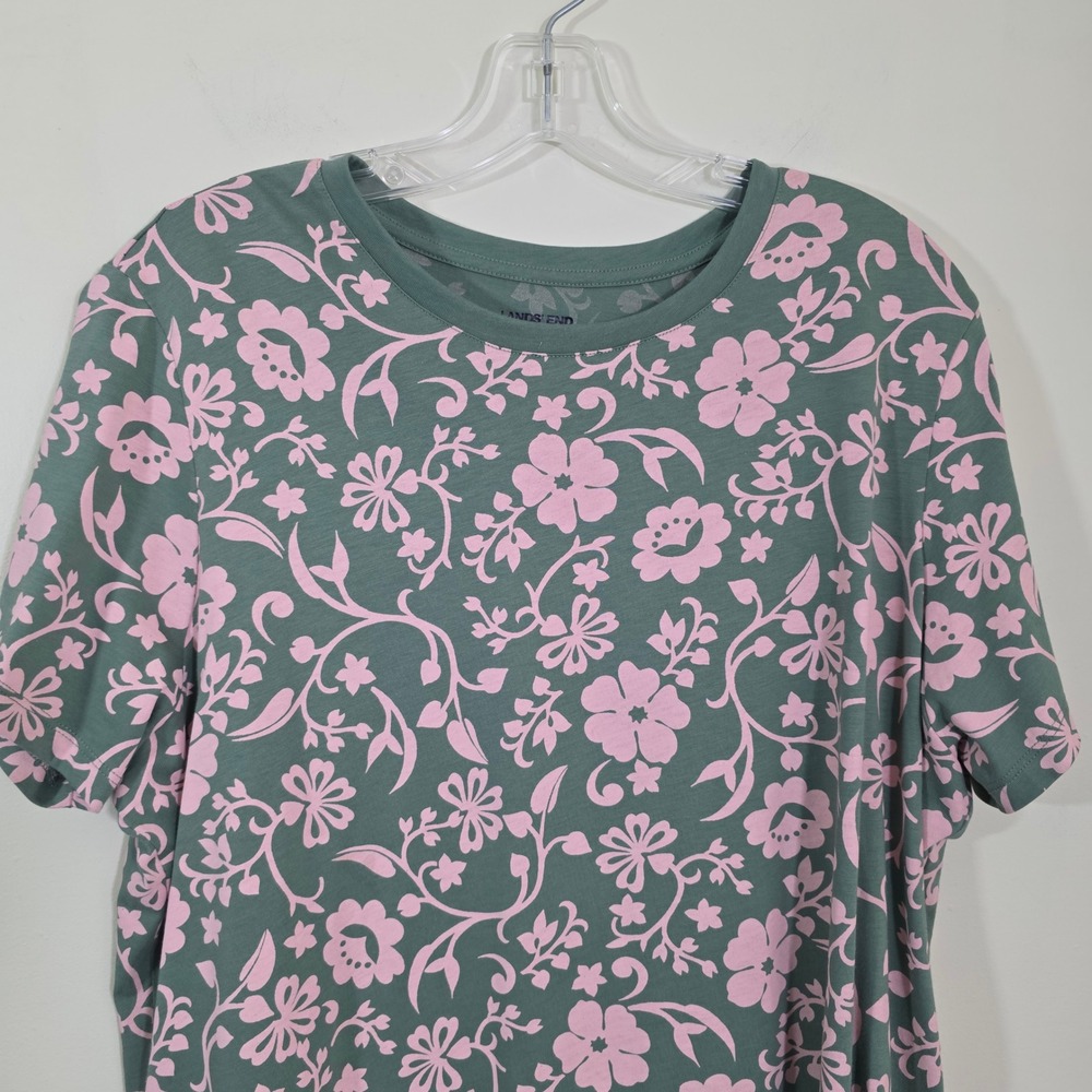 Lands End Womens T Shirt Pink Floral Sage Green Cotton Short Sleeve Casual XL - Picture 5 of 11